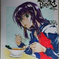 Jolie shikishi d'une fille qui mange du ramen