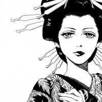 Belle illustration en noir et blanc d'une japonaise