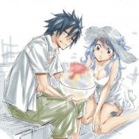 Illustration de Hiro Mashima, l'auteur de Fairy Tail, avec Gray et Julia face à un kakigori, de la glace pilée avec du sirop par dessus. S... [lire la suite]