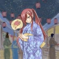 Erza Scarlett en yukata, le kimono d'été et un éventail Fairy Tail.