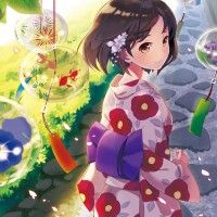 Illustration d'une fille en yukata entourée de furins, ces carillons à vent japonais, par Shiroji