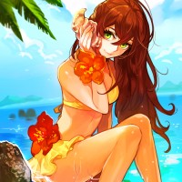 Illustration d'une fille en maillot de bain écoutant un coquillage par Eiran