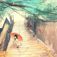 Autre illustration par Gemi avec une fille au parapluie rouge