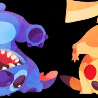 Illustration tête à l'envers Stich et Pikachu par Kuitsuku