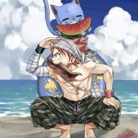 #Dessin de #Natsu et Happy à la plage par #HiroMashima le mangaka de #FairyTail