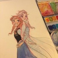 #Dessin à l'#Aquarelle #LaReineDesNeiges Anna et #Elsa par Clio Chiang http://www.tvhland.com/boutique/#Peinture-#Aquarelle-encre.html