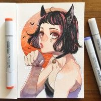 #Fille #Chat #Dessin YukieTAJIMA #FeutreàAlcool #CopicSketch #Colorisation #Manga