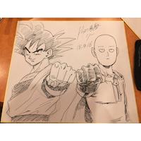 Dessin sur #Shikishi Son Goku #DragonBall #OnePunchMan #Mangaka dragongarowlee #DessinSurShikishi #Saitama