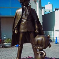 Statues de Black Jack et Pinoko à la sortie ouest de la gare Higashi Kurume sur la ligne Seibu Ikebukuro au Japon Blackjack