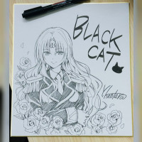 Dessin sur Shikishi Black Cat par Yabuki Kentaro